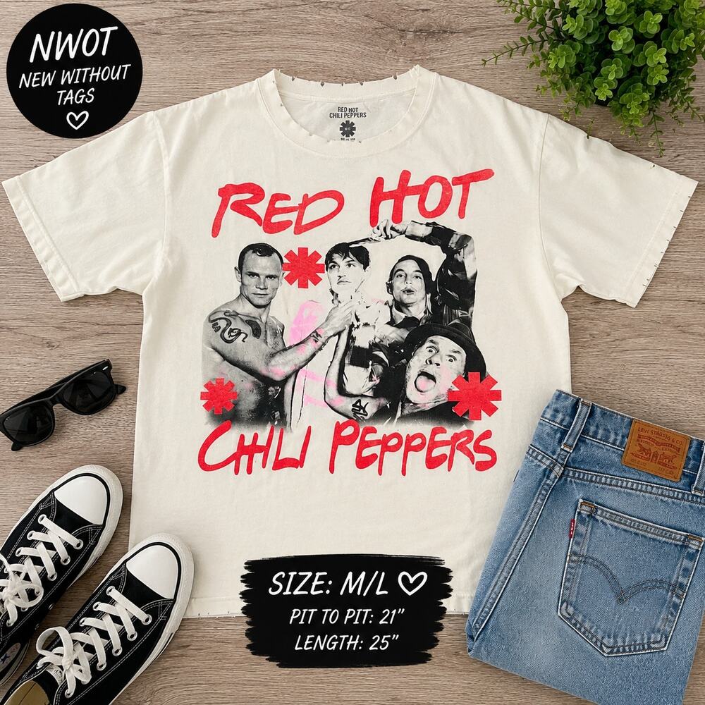 NWOT Red Hot Chili Peppers Graphic Band Tee Raw Hem M/L